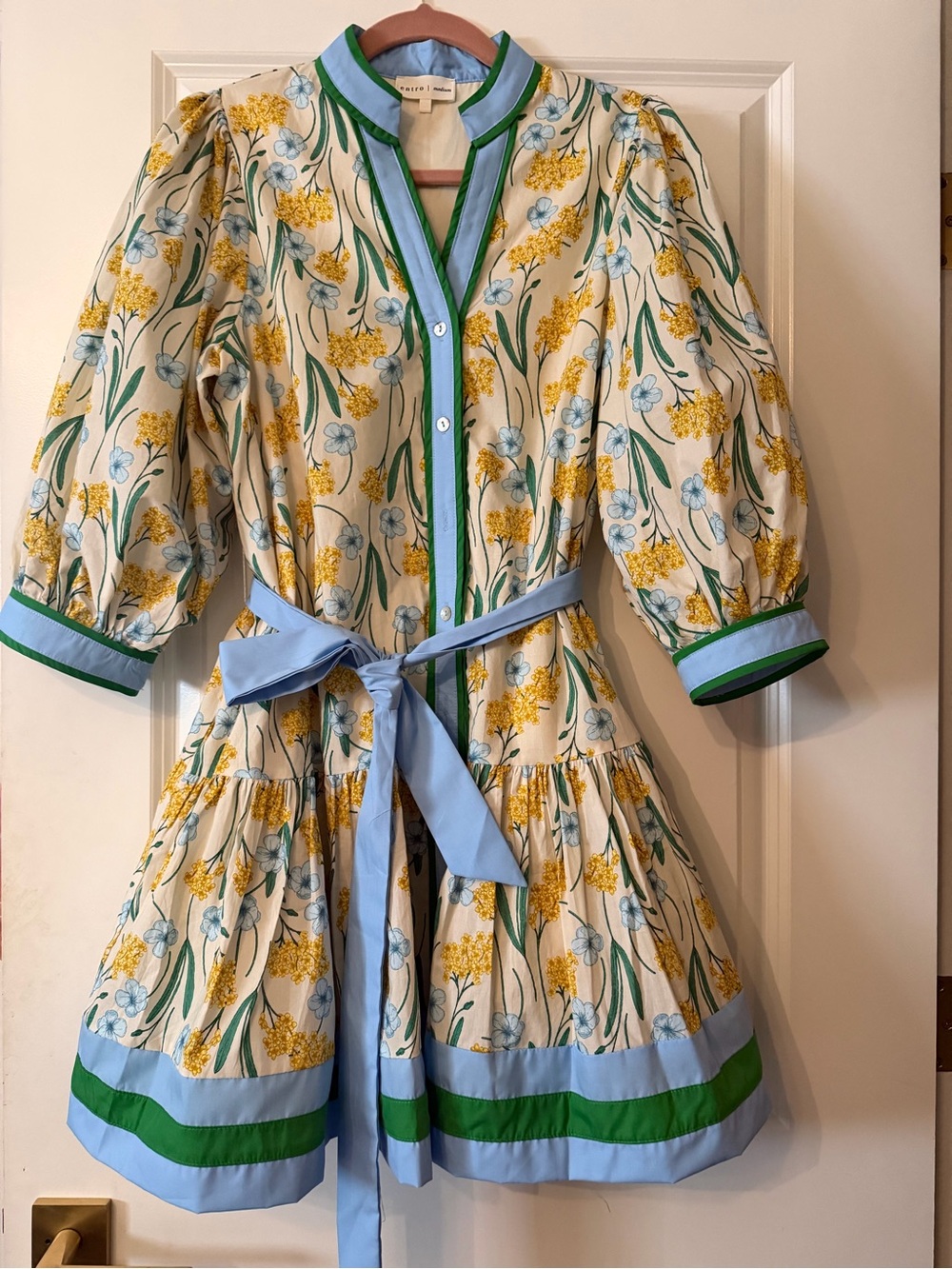 entro Floral Puff-Sleeve Mini Dress size medium in Cream, Yellow & Light Blue